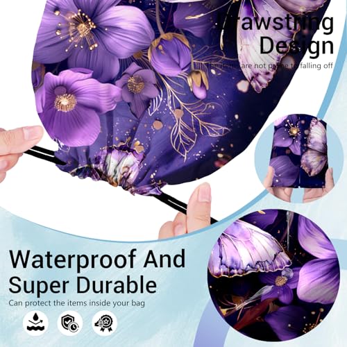 Image of Abstract Flower Butterfly Grip Bags for Gymnasts Purple Adjustable Gymnastics Drawstring Gym Bag
