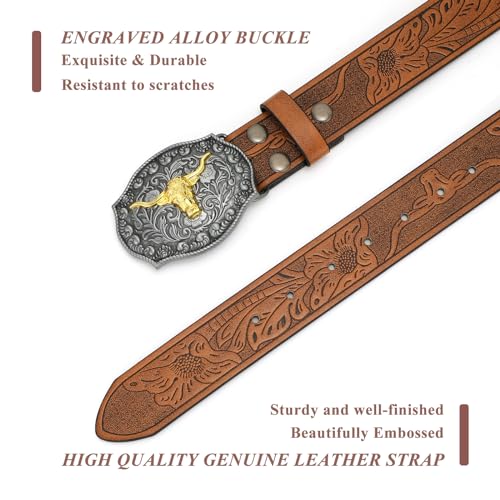 Image of VONMELLI Western Belt for Men Women, Embossed Leather with Bull Buckle