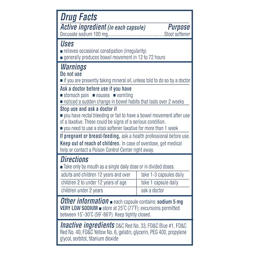 Colace Regular Strength Stool Softener, 100 mg Capsules, 250 Count, Docusate Sodium Stool Softener for Gentle, Dependable Relief