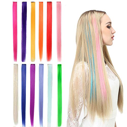 Kalolary 22 Inch 12Pcs Colored Party Highlights Straight Hair Clip Extensions, Straight Long Hairpiece Heat-Resistant Synthetic Hair Extensions for Halloween, Christmas,Coplay(Full Color Set)