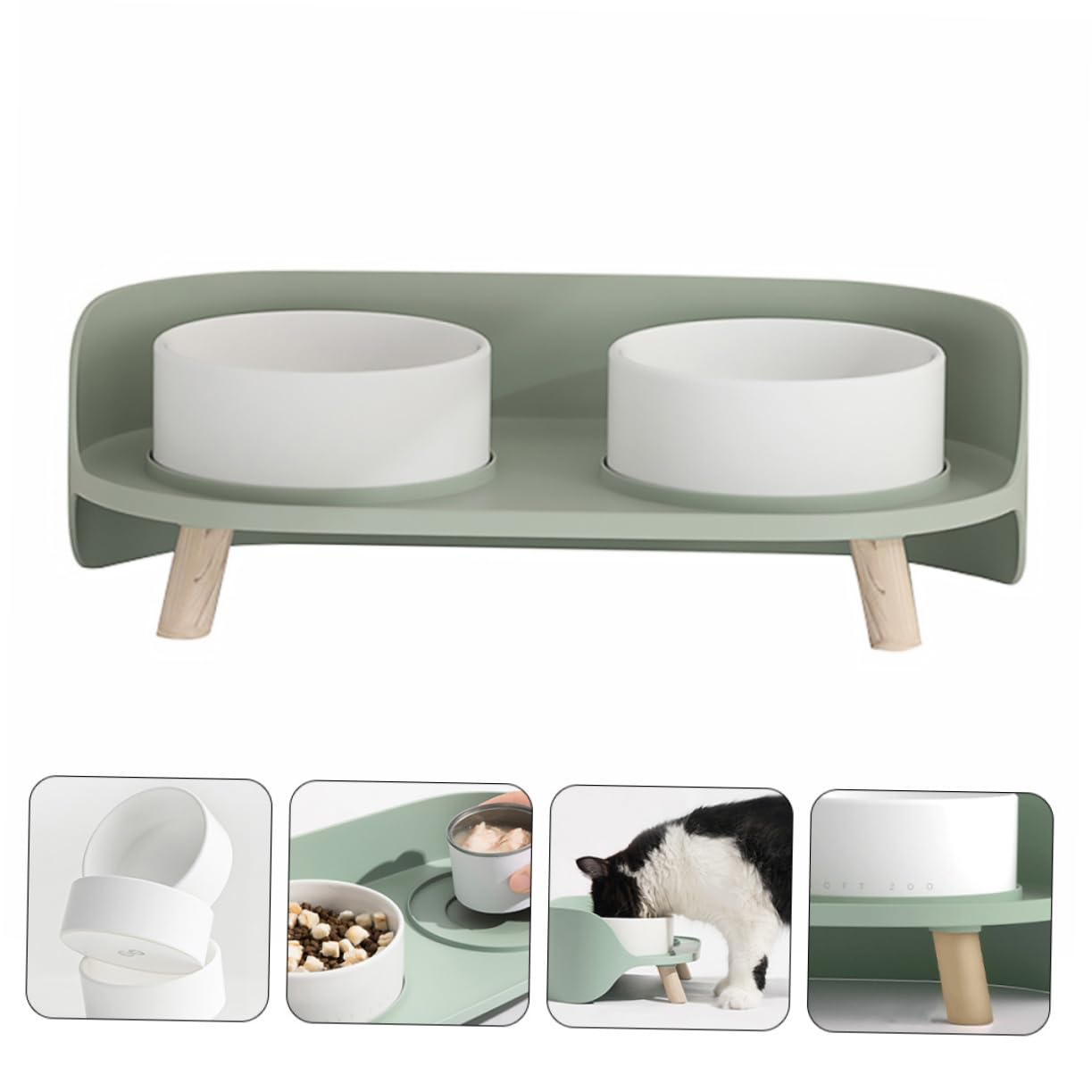 GALPADA 1PC Ceramic Cat Bowl with High Feet Design Mint Green Pet Feeder for Cats Odorless and Double Bowl for Food and Vegetables
