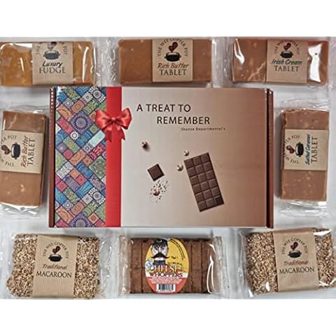 Scottish Homemade Tablets Gift Hamper , Rich Butter Tablet , Luxury Fudge , Irish Cream Tablet , Salted Caramel Tablet , Chelsea whoopers , Traditional Macaroon - Perfect Christmas Present Cover