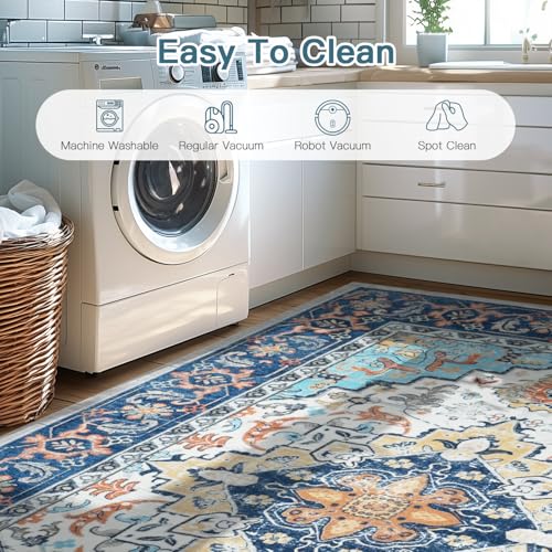 Lofus 6x9 Area Rugs for Living Room, Washable Area Rug, Rugs for Bedroom, Kitchen, Vintage Boho Carpet, Soft Non-Slip, Low Pile Large Area Rug for Office Dining Room, Floral Blue