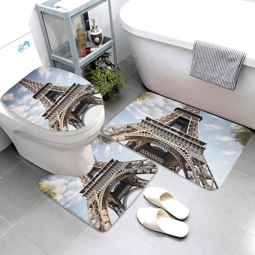 Dwrepo Eiffel Tower French Paris Monument Print Bathroom Rug Set 3 Piece with Non-Slip U-Shaped Contour Mat and Toilet Lid Cover for Bathroom Decoration