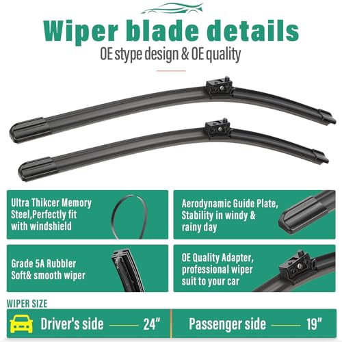 Image of 24 inch + 19 inch Windshield Wiper Blades for Mercedes-Benz CLA250 GLA250 A220 CLA35 CLA45 GLA45 AMG W177 2022 2021 2020 2019 2018 2017 2016-OEM Replacement Premium All Season Wiper Blades