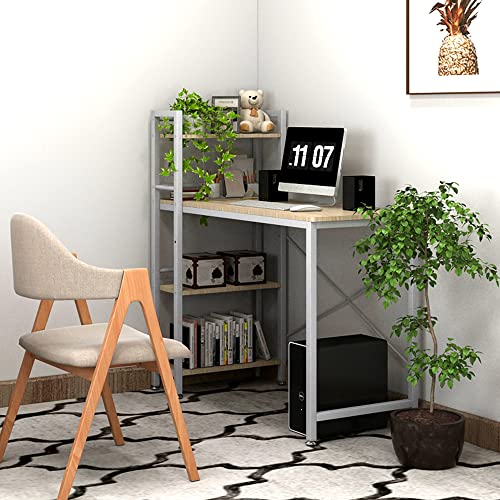 Image of 4NM 35 inch Small Computer Desk with 4-Tier Bookshelf, Home Office Desk Writing Workstation Study Table Multipurpose for Small Space Work - Natural and White