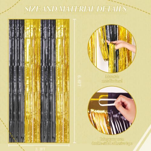 Image of DECOCKRAT 2 Pack Foil Fringe Backdrop - Black&Gold Shiny Tinsel Curtains for Party Decoration /Photo Booth Props - 3.3x6.6 FT Metallic Foil Backdrop for Birthday, Wedding, Graduation, Christmas.