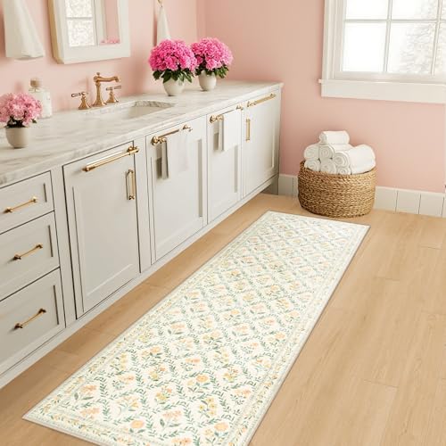 Runner Rug for Entryway: 2x6 Kitchen Rugs Non Slip Washable Ultra-Thin Soft Floral Carpet Indoor Floor Stain Resistant Carpets for Hallway Bedroom Kitchen Laundry Bathroom Dorm Beige/Multi