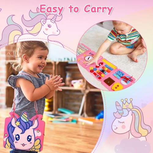Image of SNOWIE SOFT Cartoon Unicorn Baby Toys for 0 to 3 Year Baby, Folding Travel Toy Quiet Book Early Life Skill Learning Toddler Busy Book for Buttoning, Shoe Lacing, Time Learning, Letter Learning