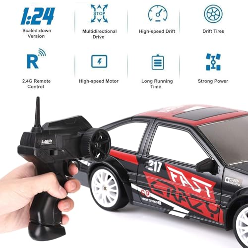 Image of Rc Drift Remote Control Car 1:24 Scale, High-Speed, 4Wd, Led Lights, Battery Racing Car, Drifting Tires, 2.4Ghz, for Kids (RC Drift II - Black)