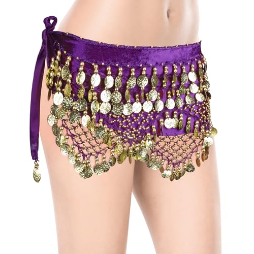 Belly Dance Hip Scarf, Women's Chiffon Belly Dancing Scarf with 300 Gold Coins for Yoga Class