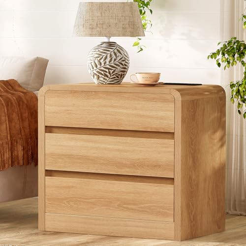 Image of TEENFON Nightstands Set of 2, Night Stand with 3 Storage Drawer and Charging Station, Modern End Tables Wide Night Stands for Bedroom Sofa Couch Home Office, Natural