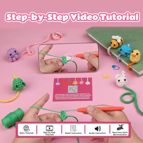 Image of Crochet Kit for Beginners 6 Animal Bookmarks Crochet Kit Video Tutorials Knitting Crochet Supplies for Adults - Easter Gifts Birthday Gift for Women Friends Daughter Yarn-DIY Craft Art