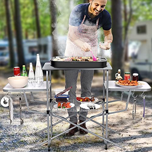 Tangkula Mesa Plegable para Parrilla, Mesa de Cocina de Camping de Aluminio con Estación de Cocina, Ganchos, Mesa Portátil para Acampar con Estantes Organizadores y Bolsa de Transporte, Ideal para Picnic, BBQ, Fiesta, Exterior miniatura 4