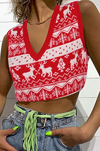 Image of JULYCLO Christmas Sweater Vest Women Ugly Xmas Reindeer Knit Sweaters Casual Santa Snowflake V Neck Sleeveless Outwear Tops