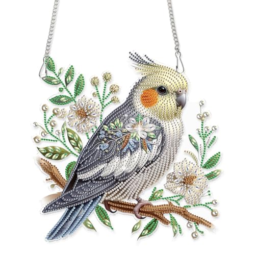 Image of AiYuanzsh Large Diamond Art Suncatcher Hanging Kit Parrot with Flowers, Special Shaped Diamond Painting Ornament for Adults, Colorful DIY Window & Wall Decoration, Crystal Diamond Art Kit