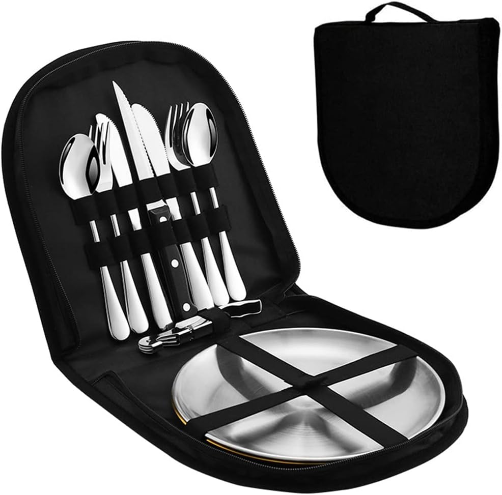 PROBEROS 10Pcs Cutlery Set for 2 Person with Portable Bag, Portable Outdoor Cutlery Set for Picnic, Multi-Tool Camping Folding Pocket Knife, Fork Spoon Set for Hiking, Cutlery Set for Travel