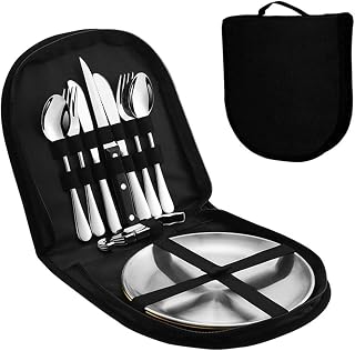 PROBEROS 10Pcs Cutlery Set for 2 Person with Portable Bag, Portable Outdoor Cutlery Set for Picnic, Multi-Tool Camping Folding Pocket Knife, Fork Spoon Set for Hiking, Cutlery Set for Travel