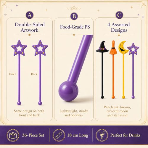 36 Pack Halloween Cocktail Stirrers, 7.1in Witch Hat Swizzle Sticks - image 4