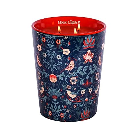 HomeLights Scented Candle Large Ceramic Jar 32oz - Beautiful Designs with 3 Cotton Wicks, Smokeless Natural Soy Wax, Burns 110 Hours. Ideal for Bedroom, Kitchen, Bath - Leather & Saffron Cover