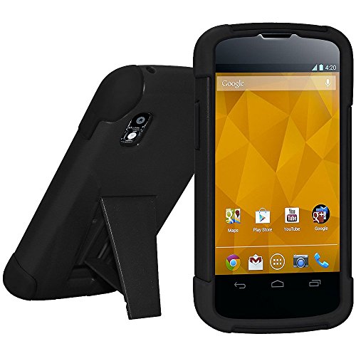 Amzer AMZ95449 Double Layer Hybrid Case Cover with Kickstand for Google Nexus 4 E960/LG Nexus 4 E960 - 1 Pack - Retail Packaging - Black/Black