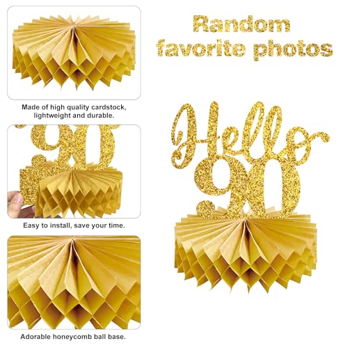 Image of Eucutur 8Pcs 90th Birthday Decorations Honeycomb Centerpieces for Women Men, Black Gold Vintage 1936 90th Bday Photo Table Centerpieces Party Supplies, Glitter Cheers to 90 Year Old Bday Table Topper
