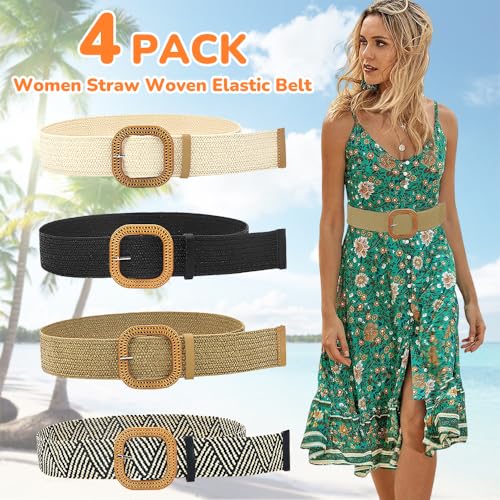4 Pack Straw Woven Elastic Stretch Waist Belts, Boho Waist Braided Skinny Dress Belts for Women4