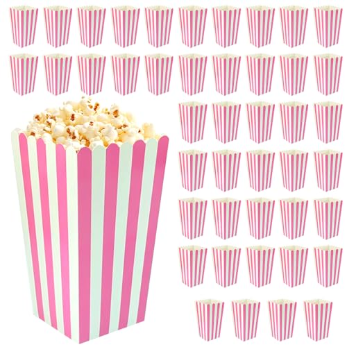 Image of 60 Pcs Paper Pink Popcorn Boxes, Pink Popcorn Bags with White Striped, Popcorn Boxes for Party, Popcorn Holders for Party Birthday Favor Supplies