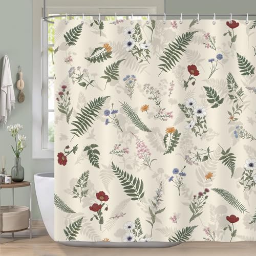 COZZSNUGE Spring Leaves Shower Curtain, Vintage Floral Fern Leaf Flowers Rustic Boho Shower Curtain Waterproof Polyester for Bathroom with 12 Hooks, 72 x 72 Inches