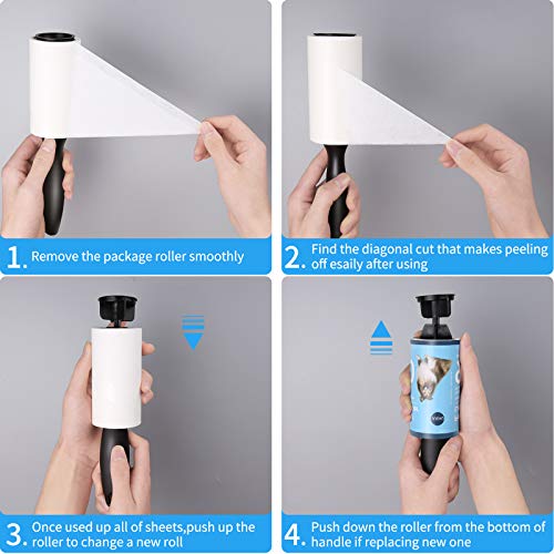 Jiehu Fusselrolle - 6 Rollen Mit 90 Blatt, Ersatzrolle Kleiderroller für Schnelles und Leichtes Entfernen von Staub, Haaren und Flusen - Insgesamt 540 Blatt und 2 Griffe