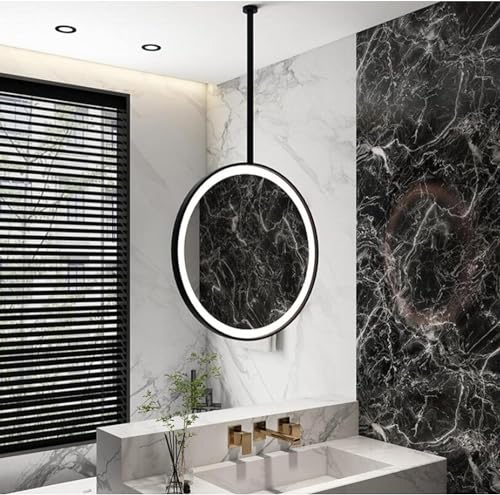 LEDライト付き壁掛けミラー 調光機能付き丸型吊り下げミラー 浴室・化粧台・リビングルーム・玄関用装飾天井ミラー(Black 61L x 61B cm)
