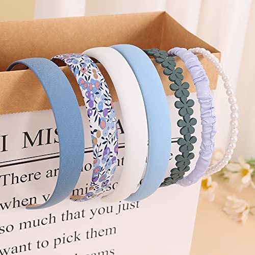 LifeDawn 7Pcs Pearls Headband Floral Headbands Padded Headbands for Women Vintage Wide Headband for Women Bandana Hair Accessories for Women,Blue