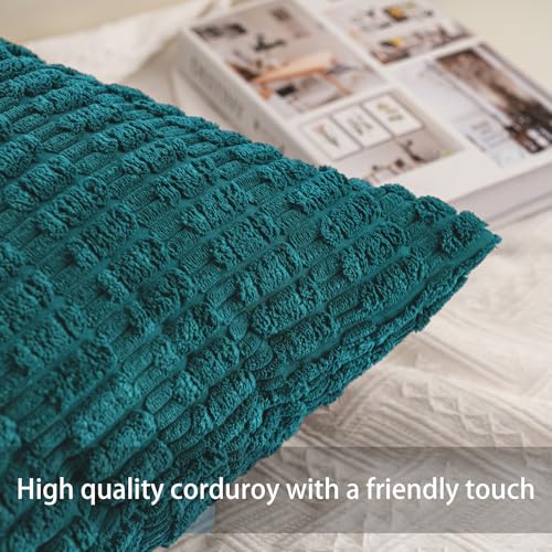 Image of Pack of 2 Corduroy Decorative Throw Pillow Covers 18x18 Inch, Turquoise | Fall Soft Striped Pillow Covers Modern Farmhouse Home Decor Christmas Throw Pillow Covers for Sofa Living Room Couch Bed