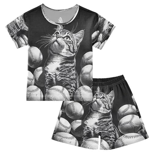 ALAZA Baseball Cat Kitten Funny Pajamas Set Short Sleeve Cotton Sleepwear Summer Pjs 2 Piece 5-14Y