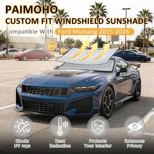 Image of Thickened Windshield Sun Shade for Ford Mustang 2015-2026 | Accordion Front Window Sunshade Aluminum Reflective UV Protection Shield, Foldable Sun Visor with Storage Bag Car accessories