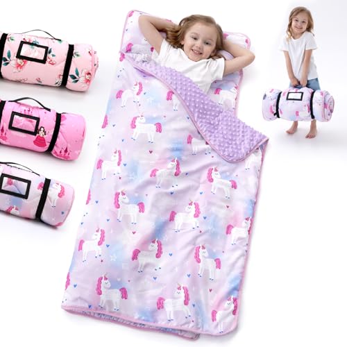 Nap Mat with Pillow Blanket Set: Sleeping Mats for Toddler Kids – Thick Large Roll up Slumber Bag for Daycare Preschool Kindergarten Boys Girls