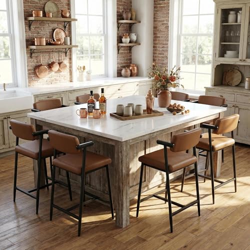 Image of GarveeHome Counter Height Bar Stools Set of 8 with Armrests, 26 inch Upholstered 8pcs Tall Bar Stools Set, Long Backrest & Extra Thick Cushion, Modern High Barstools for Kitchen Island, Pub, Coffee Brown