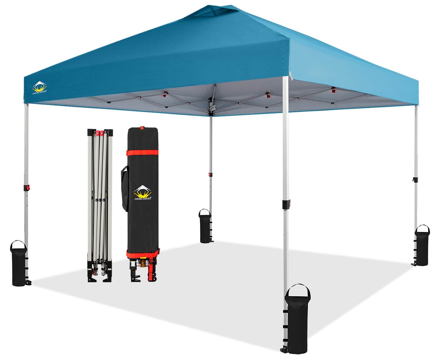 CROWN SHADES 10x10 Pop Up Canopy - Beach Tent with One Push Setup - Easy Outdoor Sun Shade for Events, Parties, Camping - Gazebo with STO-N-Go Cover Bag, Silver Coated Top, Cyan Blue
