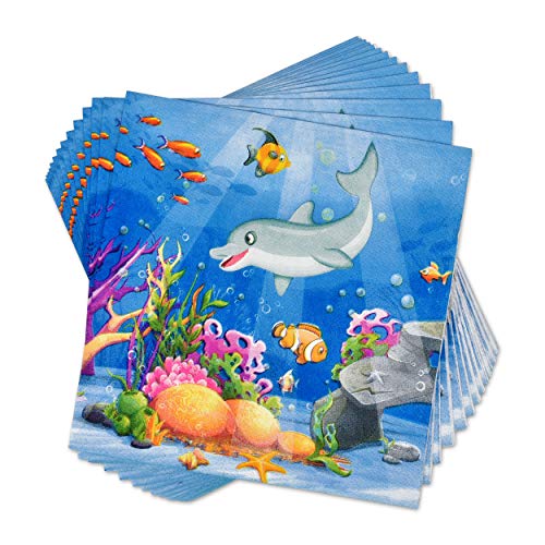 Ocean Sea Life Birthday Party Supplies Tableware Set 24 9" Plates 24 7" Plate 24 9 Oz Cup 50 Lunch Napkins Underwater World Creatures Turtle Dolphin Fish Coral Reef Theme Disposable Paper Goods Decor #TOP3