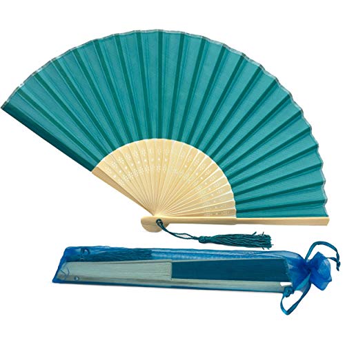 Image of Fabric Handheld Folding Hand Fan With a Tassel Grade A Bamboo Ribs for Women Girls Summer Party Event Favor Birthday Wedding Souvenir Gift (Deep Sky Blue)