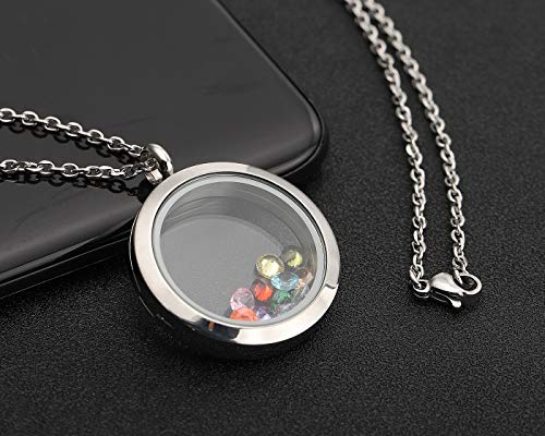 PiercingJ Living Memory Floating Locket Pendant Necklace Polished Round Stainless Steel Memorial Keepsake Glass Locket Necklace for Women, Free 12pcs Cubic Zirconia Birthstone3