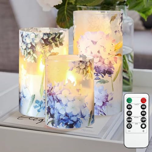 Image of Blue Hydrangea Flameless Candles, Decorative LED Candles Flickering with Remote Timer, Battery Operated Real Wax Candles for Birthday Party Love Decor, Set of 3