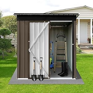 5X4 FT Metal Outdoor Storage ShedLockable Garden Tool Sheds with Pitched Roof and Shutter VentsPractical Weatherproof Tool House for Backyard LawnBrownBlack