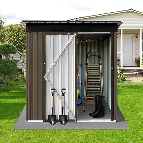 5X4-FT-Metal-Outdoor-Storage-ShedLockable-Garden-Tool-Sheds-with-Pitched-Roof-and-Shutter-VentsPractical-Weatherproof-Tool-House-for-Backyard-LawnBrownBlack 5X4 FT Metal Outdoor Storage ShedLockable Garden Tool Sheds with Pitched Roof and Shutter VentsPractical Weatherproof Tool House for Backyard LawnBrownBlack
