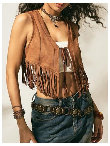 Verdusa Women's Western Boho Fringe Sleeveless Crop Vest Cardigan Tie Front Tassel Jacket3