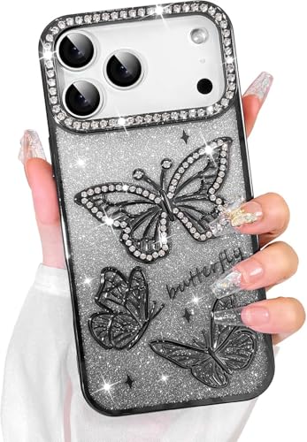 Image of Elzzi Electroplated Butterfly Phone Cover for iPhone 17 Pro Max Case, Showcasing Pearlescent Diamond Soft TPU, Camera Protection, Shockproof, Dropresistant Stylish for Girls & Women (Black)