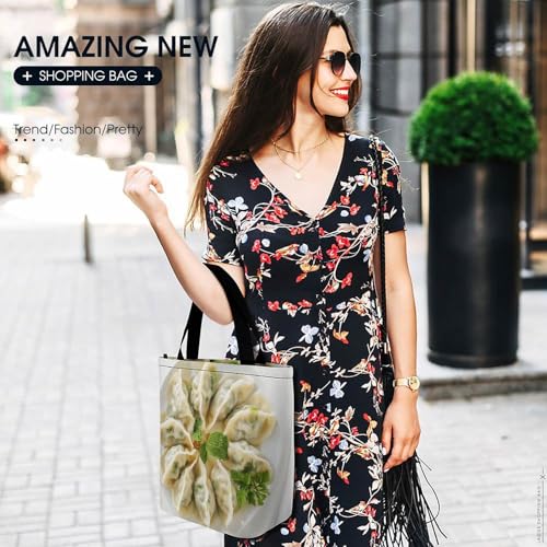 Women Tote Bags with Handles A Plate of Dumplings Shoulder Bag with Zipper Handbags Shopping Bags Travel Bag Beach Bag Reusable Grocery Bag for Swim Holiday Gift 5