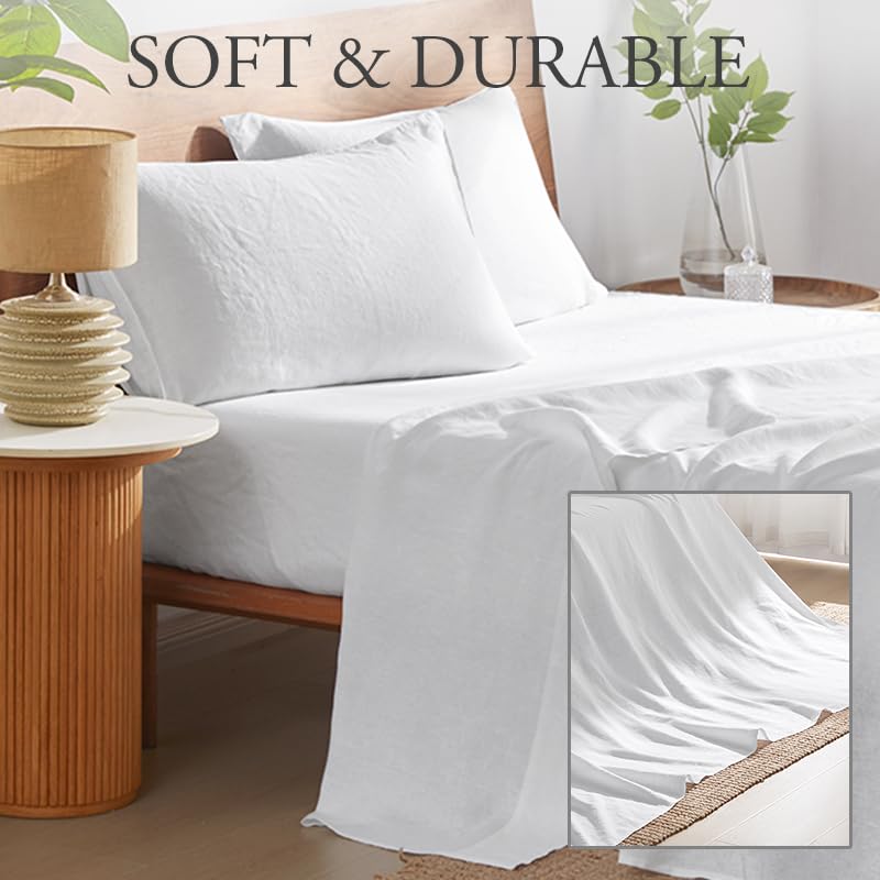 DAPU Pure Linen Sheets Set, 100% French Linen from Normandy, Breathable and Durable for Hot Sleepers, 4 Pcs Set - 1 Flat Sheet, 1 Fitted Sheet, 2 Pillowcases (White, California King)