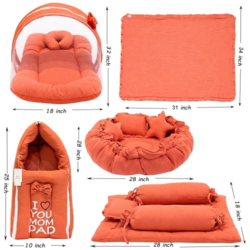 Image of Fareto Combo of Baby Bed with Net | Carry Bag | 4 Pcs Bedding Set (0-6 Months, Baby Size, Cotton) (M Gajri)