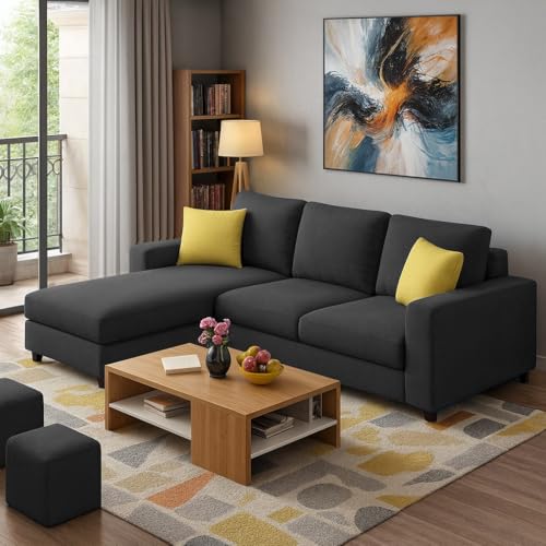 Image of Casaliving Rolando 4 Seater L Shape Sofa Set with 2 Puffy for Living Room (Black) Left Side Sofa Set for Living Room | Hall| Office Room